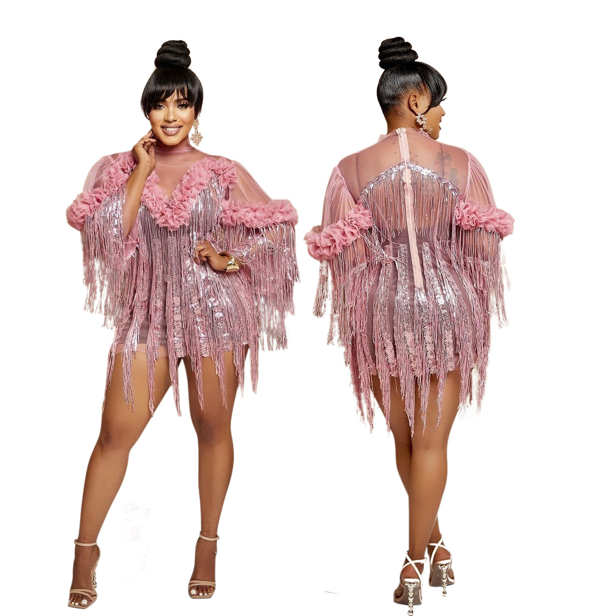 Sequined Tassel Evening Dress Short Sleeve Dress Women - Image 2