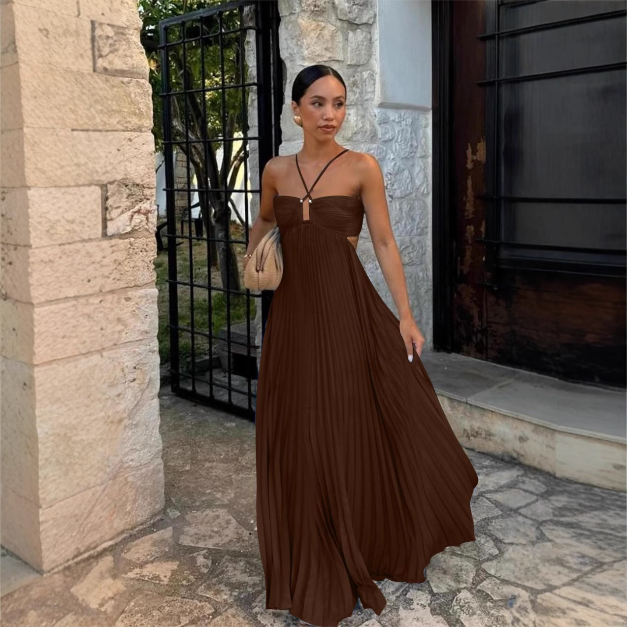 Ins Pleated Sleeveless Sling Dress Hollow High Waist Halter Robe Dresses For Evening Party Club Clothing Women - Image 10