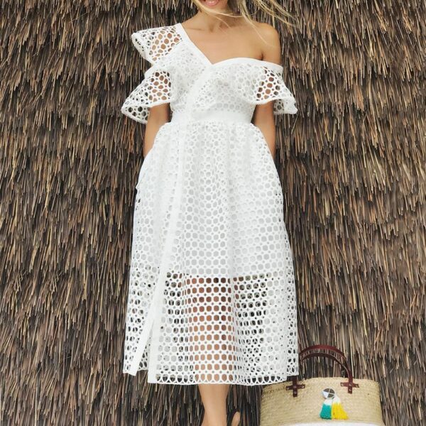 Sexy Slanted Shoulder Ruffle Lace Dress