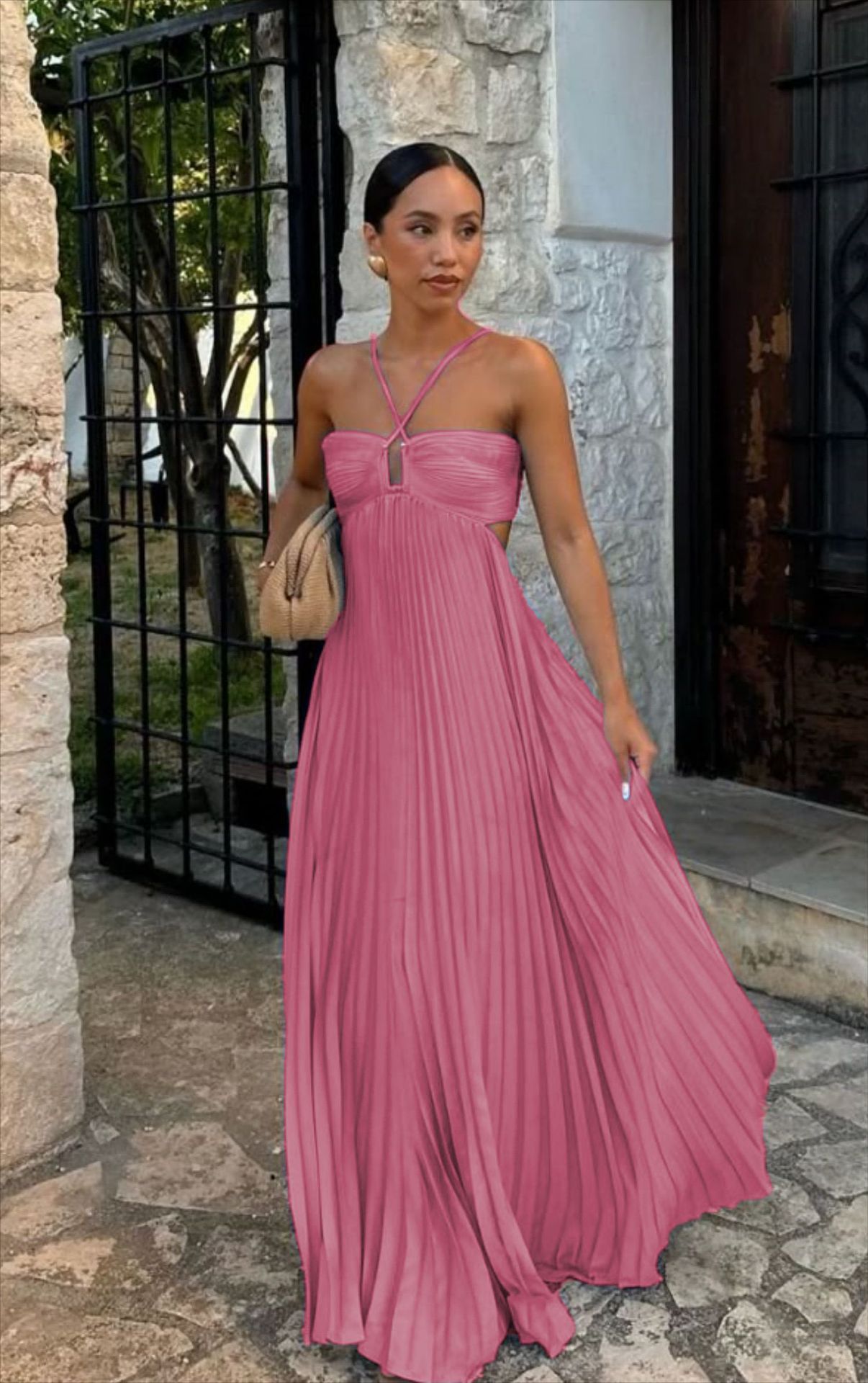 Ins Pleated Sleeveless Sling Dress Hollow High Waist Halter Robe Dresses For Evening Party Club Clothing Women - Image 6