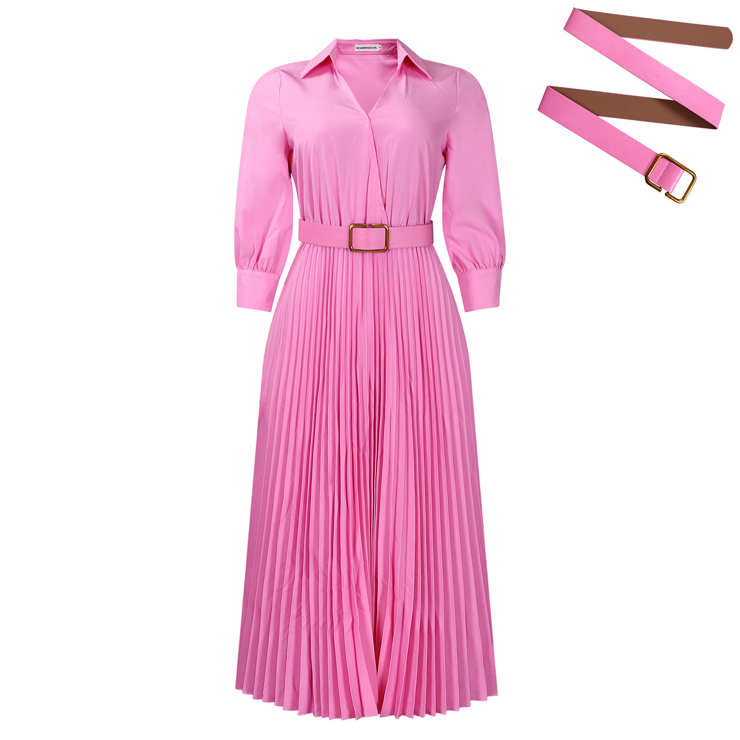 Autumn And Winter New Elegant Polo Collar Solid Color Large Swing Pleated Dress - Image 2