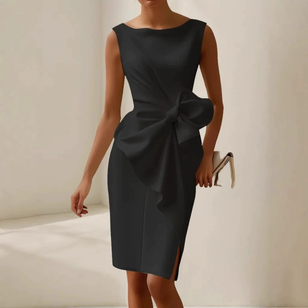 Fashion Bowknot Dress Solid Color Elegant Slim Sleeveless Dresses Women's Casual Office Party Clothing - Image 6