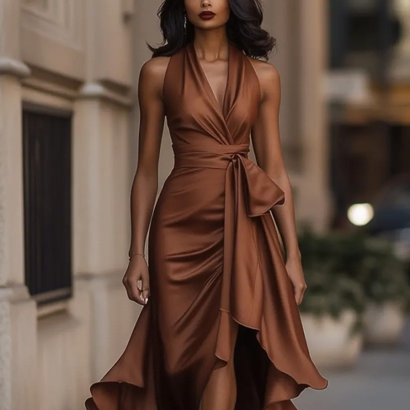 Elegant Deep V-neck Irregular Women's Ruffled Ruffled Evening Dress Gowns Solid Color Lace-up High Waist Satin Party Dresses Wedding Guests Dress - Image 4