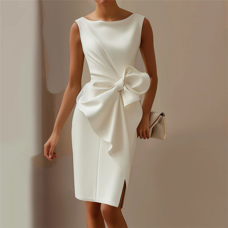 Fashion Bowknot Dress Solid Color Elegant Slim Sleeveless Dresses Women's Casual Office Party Clothing - Image 10