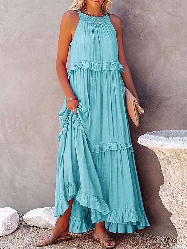 Summer Vacation Style Halter Neck Long Dresses Women Fashion Backless Leace-up Loose Ruffles Beach Dress Elegant Ladies Vestidos - Image 9
