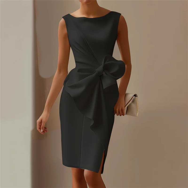 Fashion Bowknot Dress Solid Color Elegant Slim Sleeveless Dresses Women's Casual Office Party Clothing - Image 9