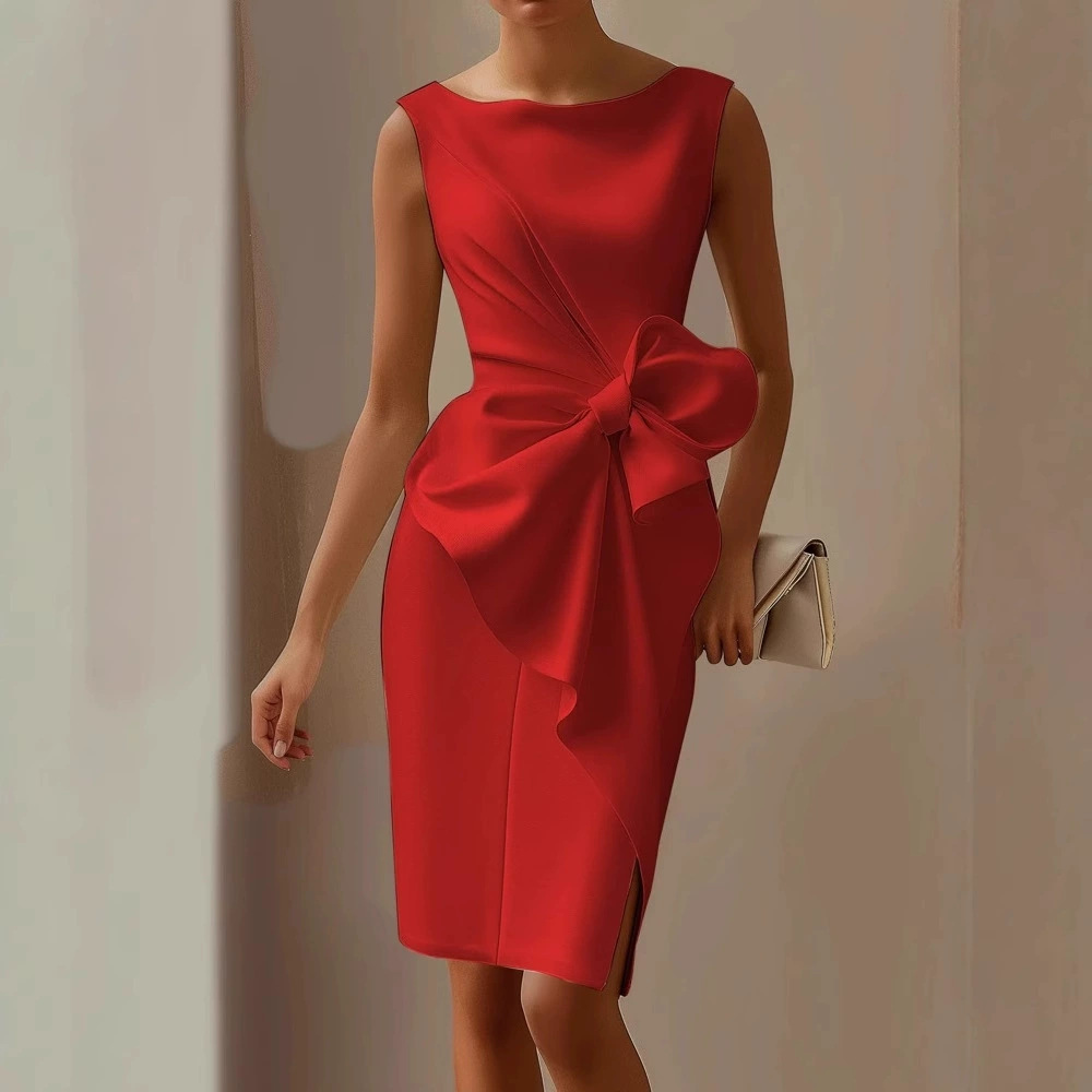 Fashion Bowknot Dress Solid Color Elegant Slim Sleeveless Dresses Women's Casual Office Party Clothing - Image 3