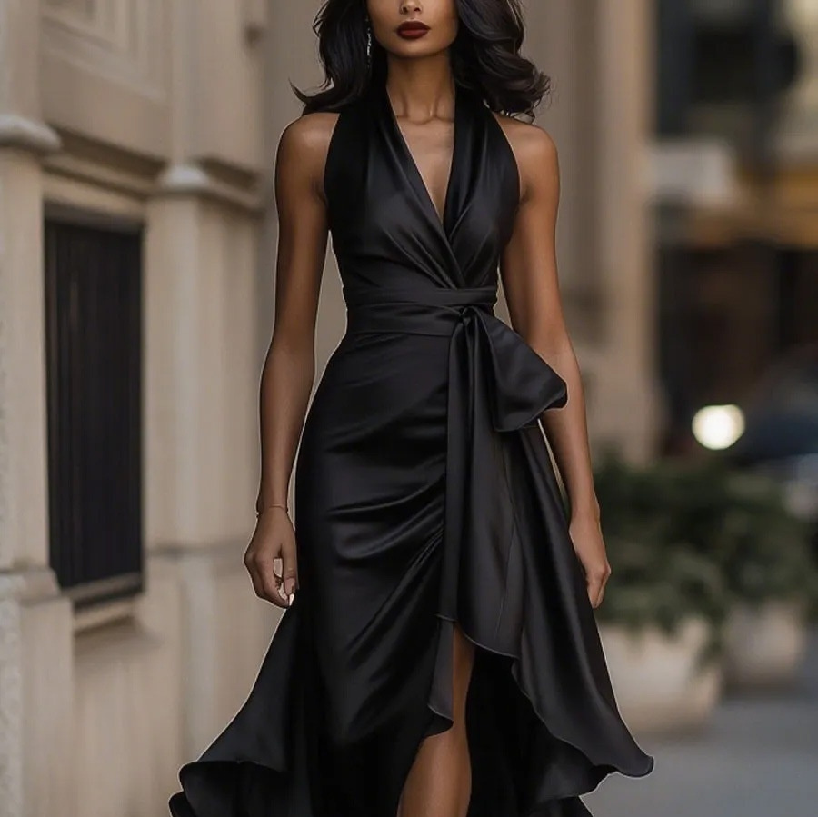 Elegant Deep V-neck Irregular Women's Ruffled Ruffled Evening Dress Gowns Solid Color Lace-up High Waist Satin Party Dresses Wedding Guests Dress - Image 5